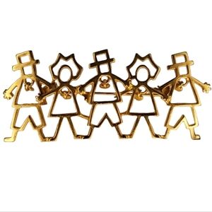 AJC Signed Row of Amish Men & Women With  Dangling Hearts Gold Tone Brooch